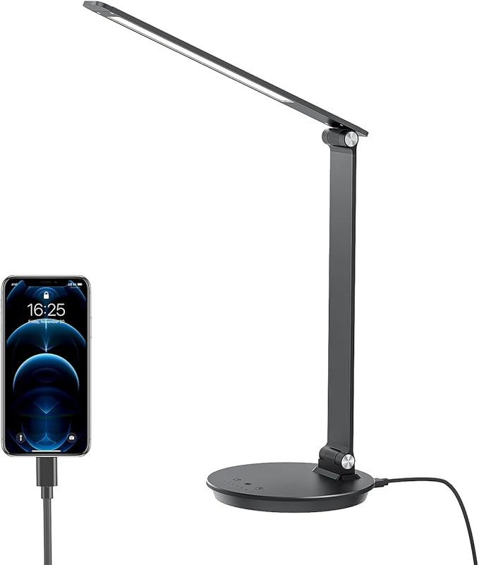 LED Desk Lamp with USB Charging Port, Touch Control Dimmable Office Lamp, 5 Color Modes 6 Brightness Levels Eye-Caring Table Lamp for Home Office Bedroom Reading Study, Black - LeafyLoom