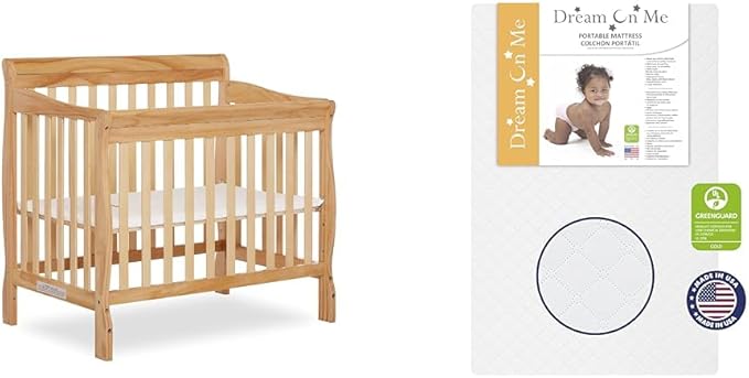 Aden 4-in-1 Convertible Mini Crib in Natural, Greenguard Gold Certified & Sunset 3” Extra Firm Fiber Crib Mattress, Greenguard Gold Certified, Waterproof Vinyl Cover - LeafyLoom