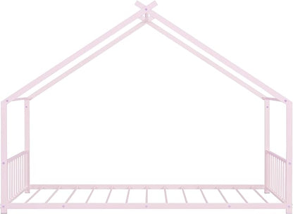 RITSU Twin Size Montessori Floor House Bed, Bedframe with Metal Slat & with Headboard and Footboard, Sturdy Construction, for Children's Room, Girls, Boys, Pink - LeafyLoom