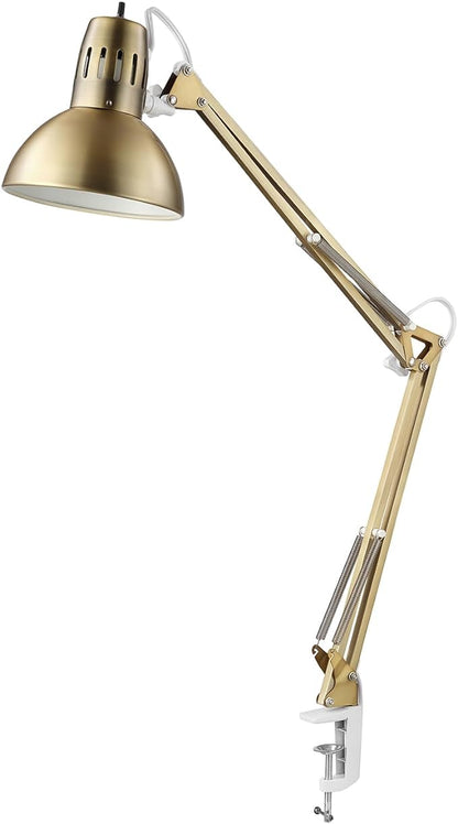 Globe Electric 62000010 32" Multi-Joint Desk Lamp with Metal Clamp, Matte Brass, White Accents, On/Off Rotary Switch on Shade, Partially Adjustable Swing Arm, Home Décor, Office Accessory - LeafyLoom