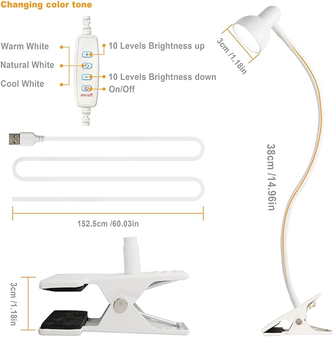 Clip on Lamp USB Reading Light, 3 Color Modes, 10 Brightness Dimmable, Flexible Gooseneck Desk Lamp with Clamp, Eye Care Clip on Light for Bed Desk Headboard Home Dorm(White) - LeafyLoom