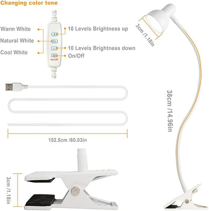 Clip on Lamp USB Reading Light, 3 Color Modes, 10 Brightness Dimmable, Flexible Gooseneck Desk Lamp with Clamp, Eye Care Clip on Light for Bed Desk Headboard Home Dorm(White) - LeafyLoom