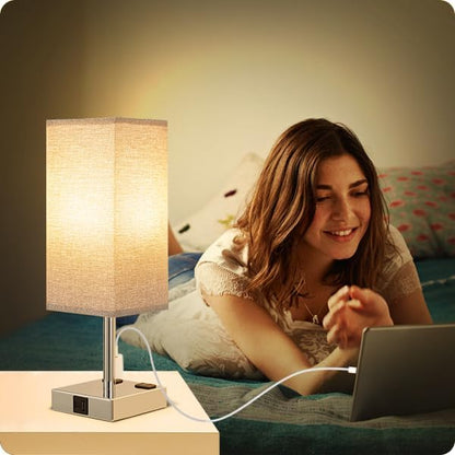 aooshine Gray Set of 2 Touch Lamp with USB Port-Nightstand Lamp with USB-C+A Charge Ports& AC Outlets, 3-Way Dimmable Bedside Lamp with Shade,Small Table Lamp for Bedroom Living Room(Bulb Included) - LeafyLoom