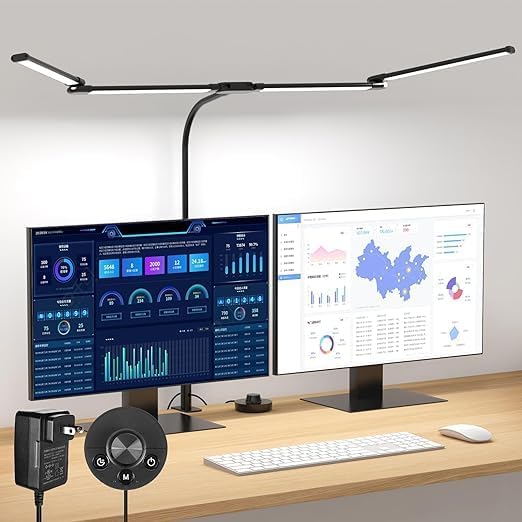 Desk Lamp for Office Home, 4 Heads, 24W Ultra Bright, 5 Colors 10 Bright Levels, Long Flexible Clamp Clip Light, Task Table Lamp with Adapter & Switch Controller, Black - LeafyLoom