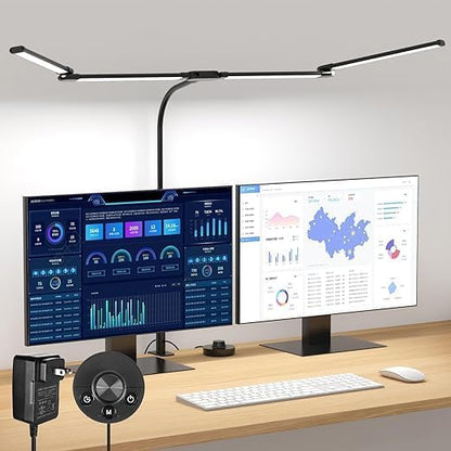 Desk Lamp for Office Home, 4 Heads, 24W Ultra Bright, 5 Colors 10 Bright Levels, Long Flexible Clamp Clip Light, Task Table Lamp with Adapter & Switch Controller, Black - LeafyLoom