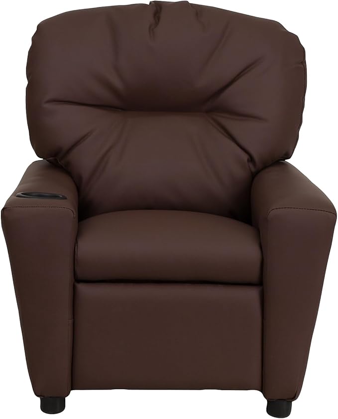 Flash Furniture Chandler LeatherSoft Kids Recliner with Cup Holder and Safety Recline, Contemporary Reclining Chair for Kids, Supports up to 90 lbs., Brown - LeafyLoom