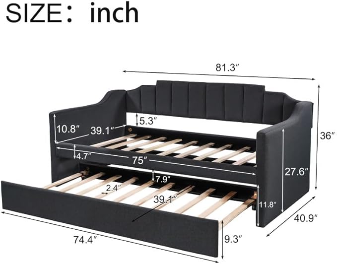 Moden Upholstered Twin Daybed with Trundle, Twin Size Sofa Bed Wood Bed Frame for Bedroom Living Room, No Box Spring Needed, Black - LeafyLoom