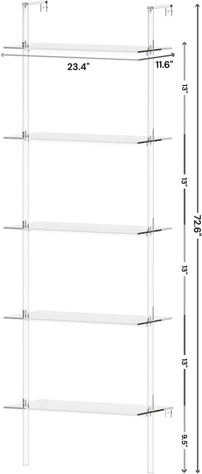 Acrylic Ladder Bookshelf, 5-Tier Clear Wall Mounted Bookshelf with Open Shelves, Multipurpose Bookcase for Living Room, Bathroom, Office, Modern, 11.6" D x 23.4" W x 72.6" H - LeafyLoom