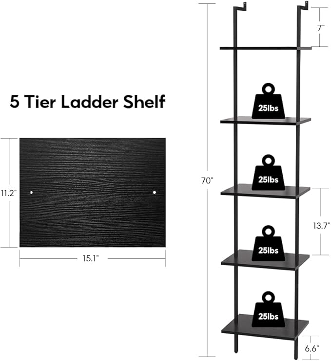 Nidouillet 5 Tier Ladder Shelf, 70-Inch Wall Mounted Ladder Bookshelf Metal Frame Storage Rack and Industrial Display Shelves for Living Room Bedroom Home Office - Black - LeafyLoom