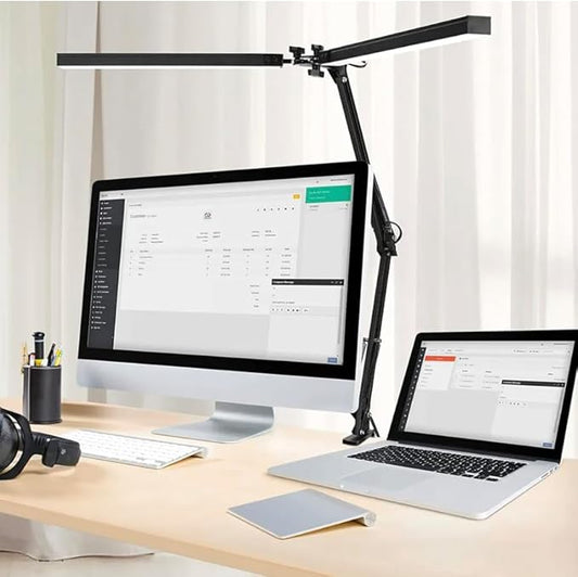 Desk Lamps for Home Office - Double Head LED Desk Lamp with Clamp, 24W, 3 Color Modes, Adjustable Arm, Eye-Caring Light for Study, Drafting, and Crafting, Black - LeafyLoom