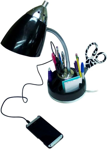 Simple Designs LD1015-BLK Flossy Organizer Desk Lamp with Charging Outlet and Lazy Susan Base, Black - LeafyLoom