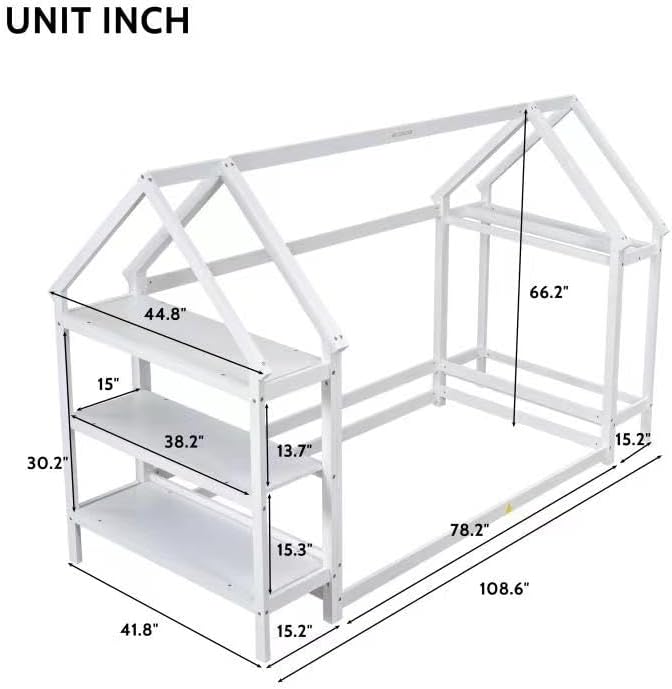 Twin Size Wood House Bed,Wood Platform Bed with Storage Shelves and Hanger,Floor Twin Size Montessori Bed Frame, Kids Boys Girls Bedroom,Living Room,No Box Spring Required,White - LeafyLoom