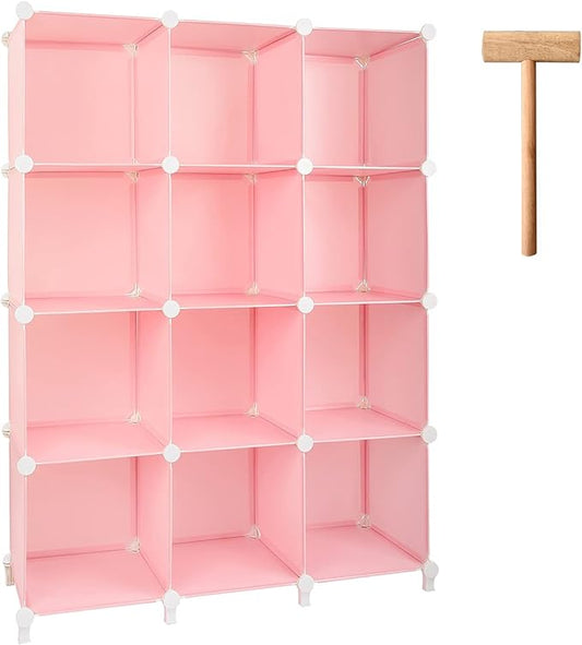 Gold Armour Cube Storage 12-Cube Bookshelf Closet Organizer Storage Shelves Cubes Organizer Plastic Square Book Shelf Bookcase DIY Closet Cabinet Organizer Shelving for Home Office Bedroom (Pink) - LeafyLoom