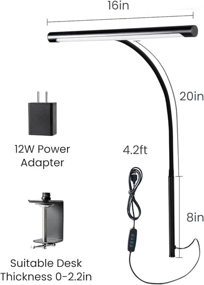 LED Desk Lamp for Home Office, Eye-Caring LED Desk Light Bar with Gooseneck, 12W Dimmable Overhead Light for Desk, Architect Clamp Lamp for Reading Study Workbench - LeafyLoom