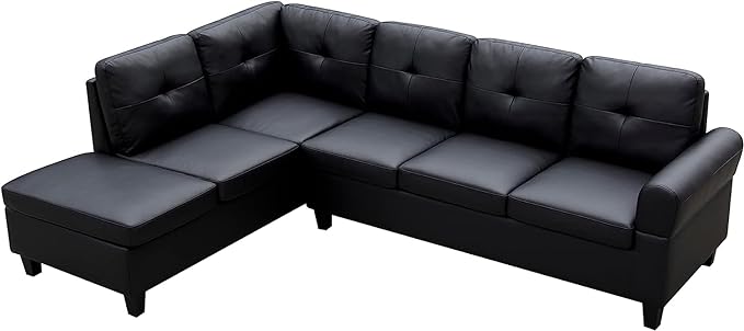 Sectional Couch L Shaped Sofa with Storage Ottoman, Cup Holders, Modern Upholstered Corner Couch&Sofa with Chaise Lounge for Living Room Furniture Sets, Black pu - LeafyLoom