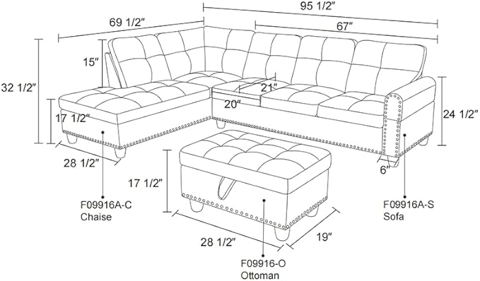 Living Room Furniture L Shaped Sectional Sofa Set with Storage Ottoman and Cup Holders, Wide Convertible Upholstered Couch for Home Office, Brown B - LeafyLoom