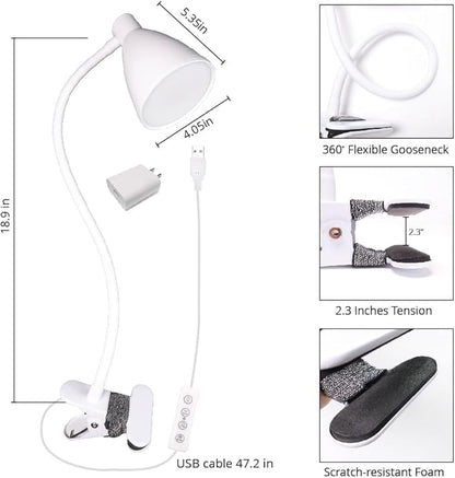 LED Desk Lamp Reading Lamp Clamp Lamp 3 Color Modes 10 Brightness Dimmer Table Lamp with Auto Off Timer Eye-Caring Office Lamp　360° Flexible Gooseneck Clip，AC Adapter Include,White (White) - LeafyLoom