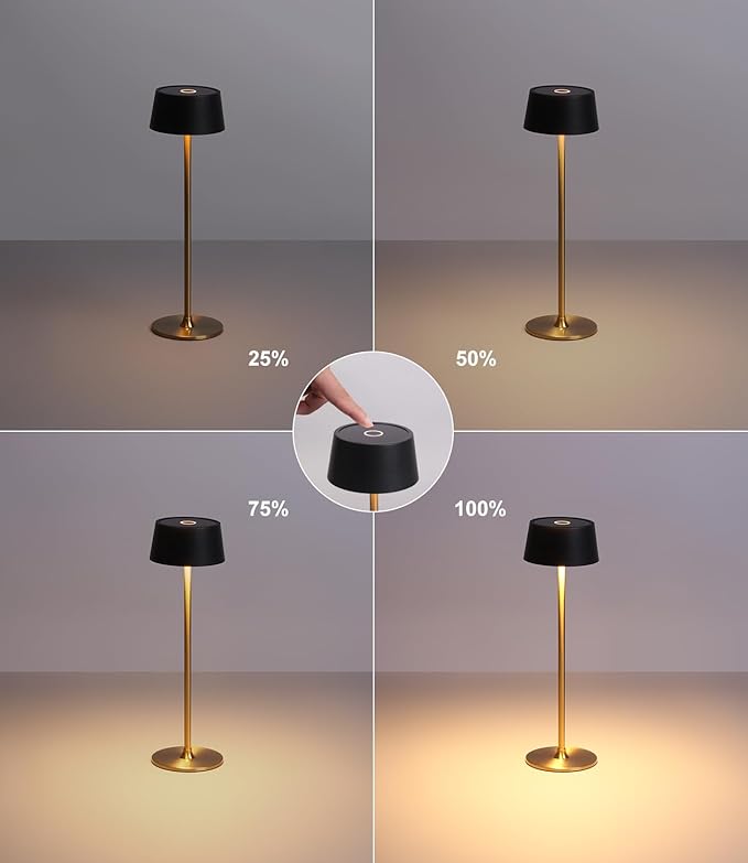 DAWALIGHT Cordless Lamp 4000mAh Rechargeable tbale lamp LED Desk Lamp Tempered Glass Stepless Dimming Black and Gold Battery Operated Portable Cordless 2700K Gold Base - LeafyLoom