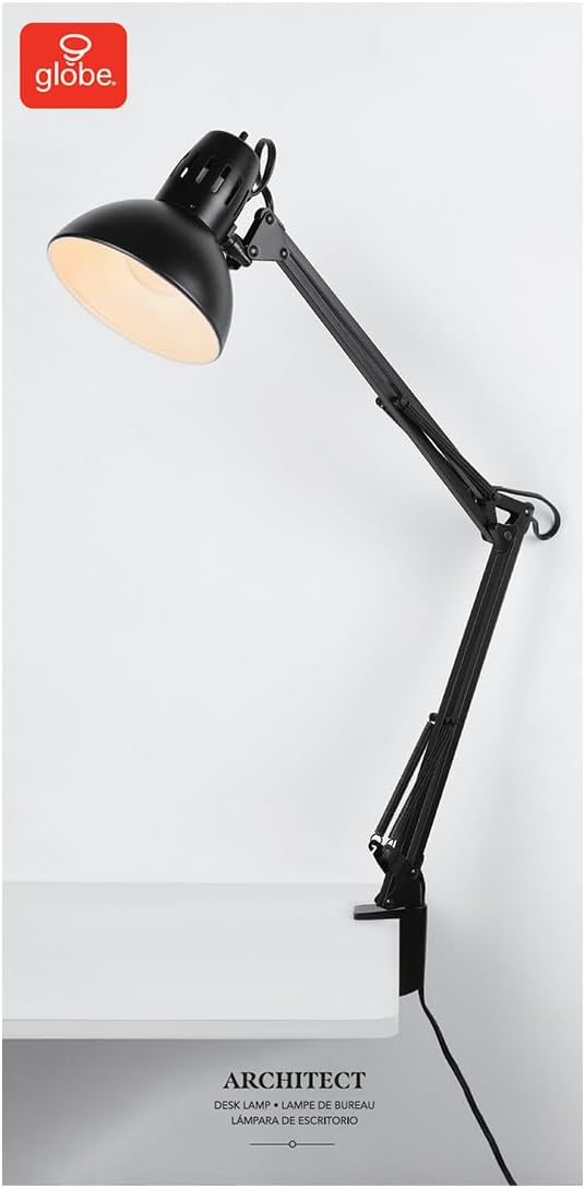 Globe Electric 56963 31.5" Multi-Joint Desk Lamp with Metal Clamp, Black, On/Off Rotary Switch on Shade, Partially Adjustable Swing Arm, Home Essentials, Reading Light, Office Décor - LeafyLoom