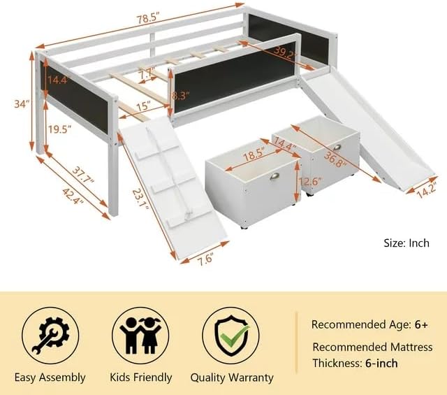 Bellemave Twin Size Wooden Low Loft Bed Frame with Two Storage Boxes,Kids Loft Bed with Slide and Climbing Frame for Boys & Girls,White - LeafyLoom