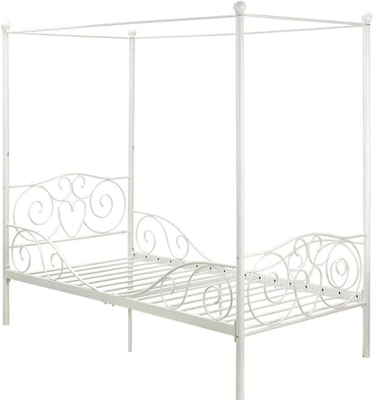 DHP Metal Canopy Kids Platform Bed with Four Poster Design, Scrollwork Headboard and Footboard, Underbed Storage Space, No Box Sring Needed, Twin, White - LeafyLoom