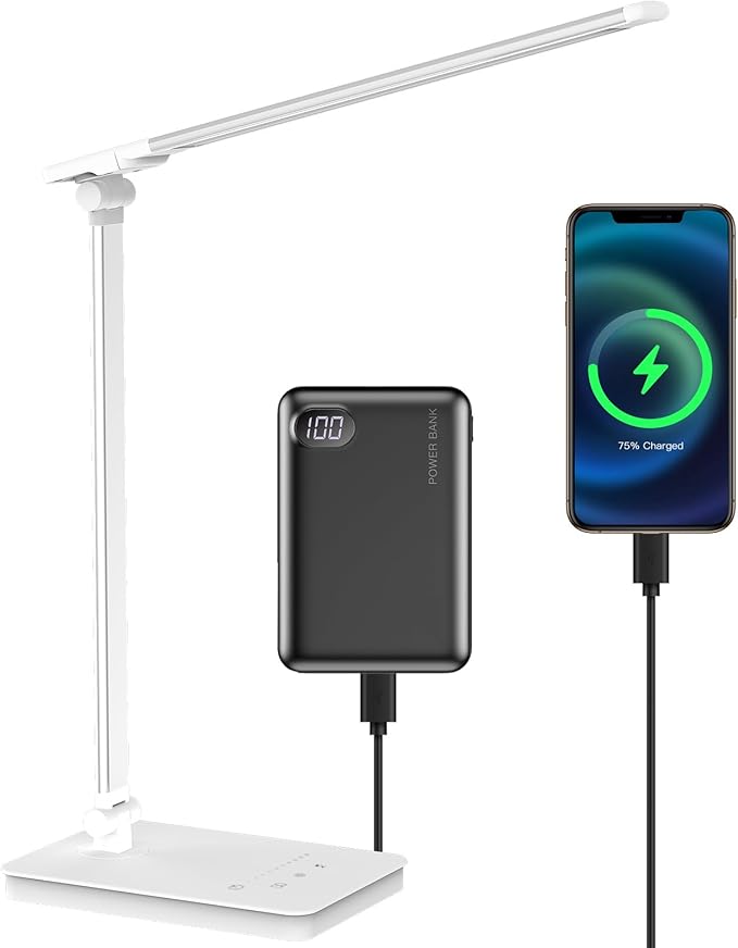 Desk Lamp Eye-Caring LED Table Lamp Dimmable Bedside Lamp with 2 USB Charging Ports and 10 Brightness Levels x 5 Colour Modes Touch Control Daylight Lamp for Office, Bedside, Reading- Auto Timer - LeafyLoom