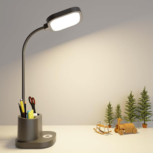 LED Desk Lamp for Home Office with USB Charging Port, Rechargeable Powered Table Lamp Battery Operated Cordless Reading Lamp, Pen Holder, 3 Way Dimmable, Bright, Tall, Flexible, Gooseneck, Black - LeafyLoom