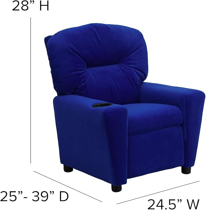 Flash Furniture Chandler Microfiber Kids Recliner with Cup Holder and Safety Recline, Contemporary Reclining Chair for Kids, Supports up to 90 lbs., Blue - LeafyLoom