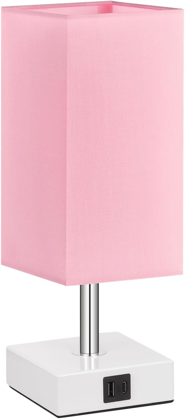 Ambimall Touch Control Table Lamp with 2 USB Charging Ports, 3 Way Touch Lamps Beside Desk, Nightstand Lamp for Bedrooms Living Room, Pink Shade with White Base, LED Bulb Included(Pink) - LeafyLoom