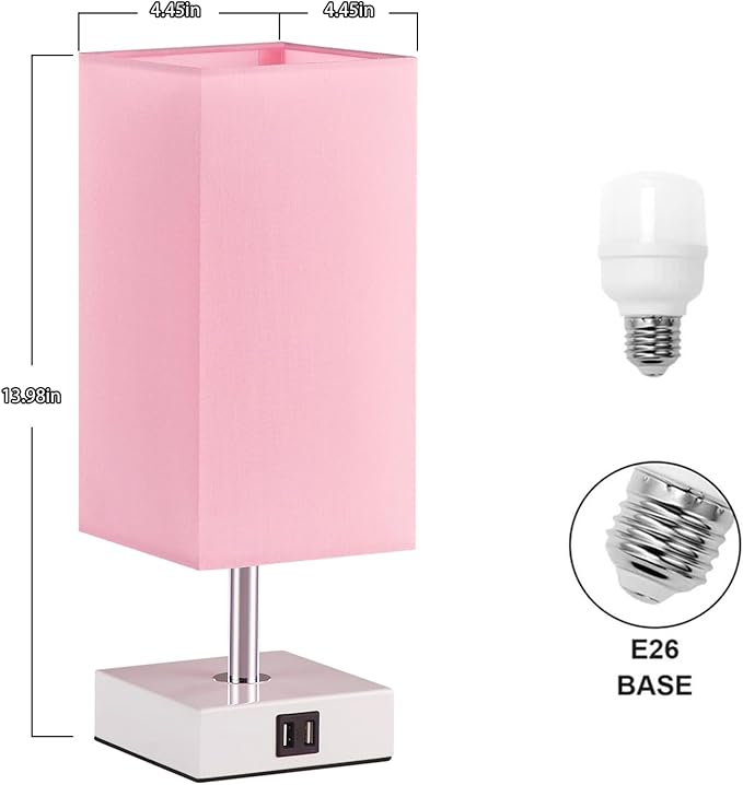 Ambimall Touch Control Table Lamp with 2 USB Charging Ports, 3 Way Touch Lamps Beside Desk, Nightstand Lamp for Bedrooms Living Room, Pink Shade with White Base, LED Bulb Included(Pink) - LeafyLoom