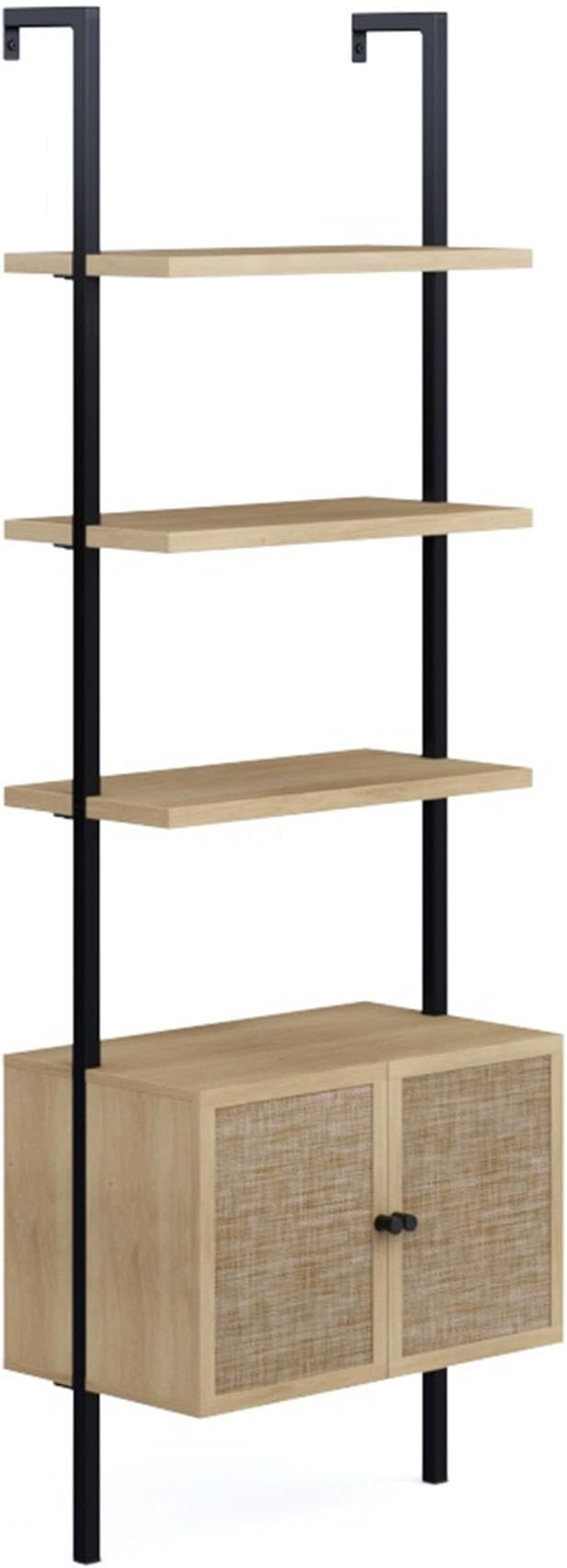 Nathan James Theo Ladder 3 tier Open Bookshelf with Rattan Drawers and Matte Steel Frame, Light Oak/Black - LeafyLoom