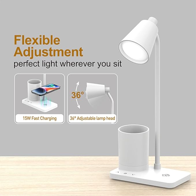 Desk Lamps for Home Office, LED Desk Lamp with Wireless Charger, 15W Fast Charging, Table Lamp with Pen Holder, 4 Brightness Levels, Eye-Caring (with AC Adapter) - LeafyLoom