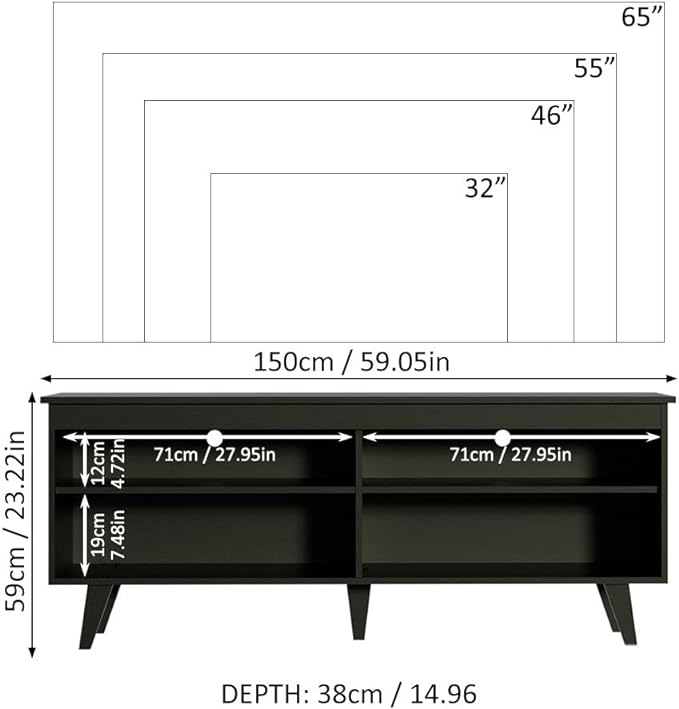 Madesa TV Stand with 4 Shelves and Cable Management, Entertainment Center for TVs up to 65 Inches, Wood, 23'' H x 15'' D x 59'' L – Black - LeafyLoom