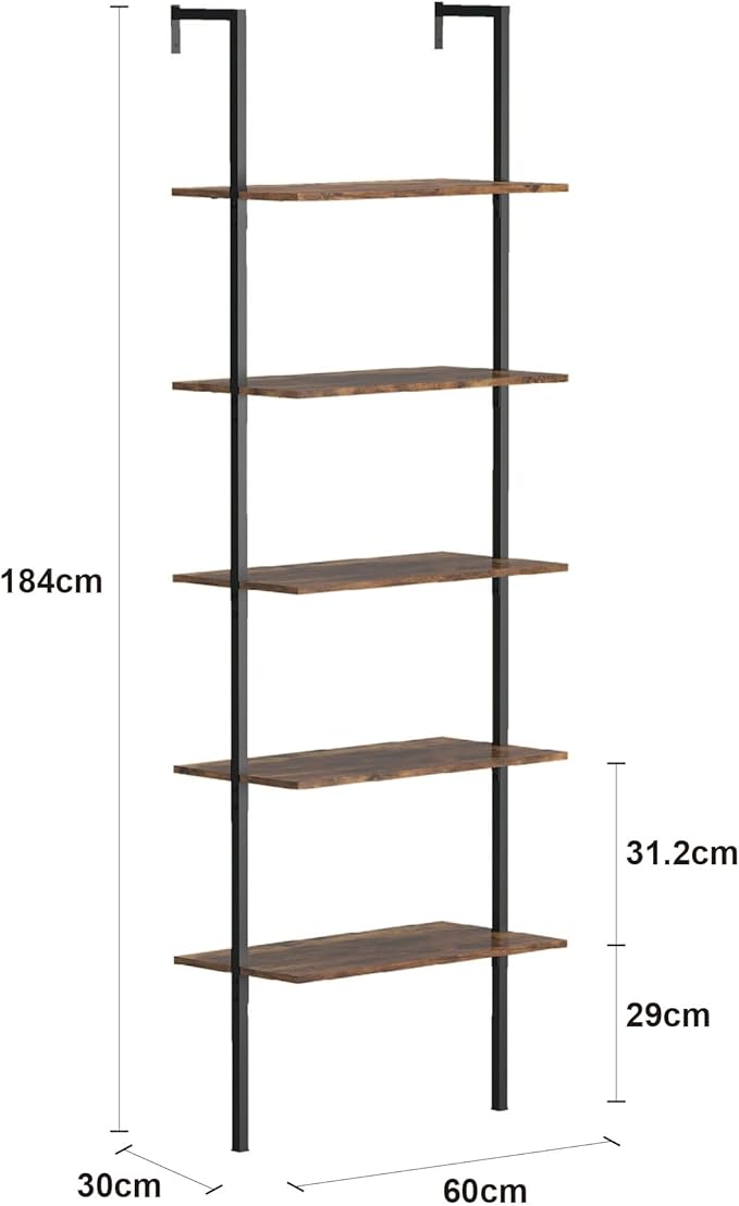 Panana Industrial 5 Tier Ladder Shelf, Open Space Book Shelf Wall Mount Bookshelf with Metal Frame Sturdy Bookcase for Living Room (Brown, 5 Tier) - LeafyLoom