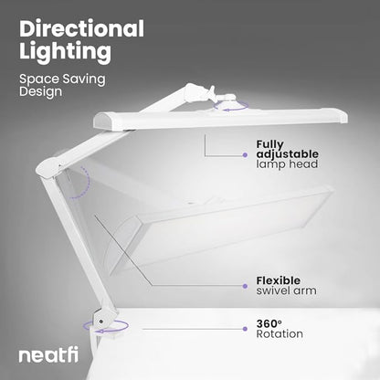 Neatfi Ultra 3,500 Lumen LED Desk Lamp, 45W, 26-Inch Wide Metal Shade, 270 SMD LEDs (Non-CCT with Clamp, White) - LeafyLoom