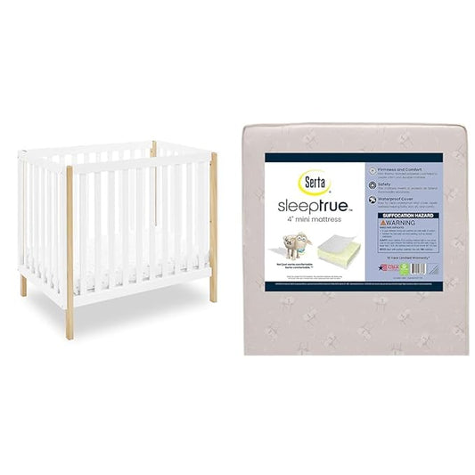 Delta Children Gio Mini Crib with 2.75" Mattress Included, Bianca White/Natural & Serta SleepTrue Mini Crib Mattress, Premium Sustainably Sourced Fiber Core - LeafyLoom