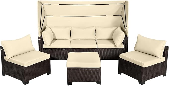 6 PCS Outdoor Patio Furniture Set,Sectional Sofa Set,Rattan Daybed with Retractable Canopy,Adjustable Backrest,Storage Coffee Table,Chaise Chair Sunbed for Porch Garden Poolside Backyard(Beige) - LeafyLoom