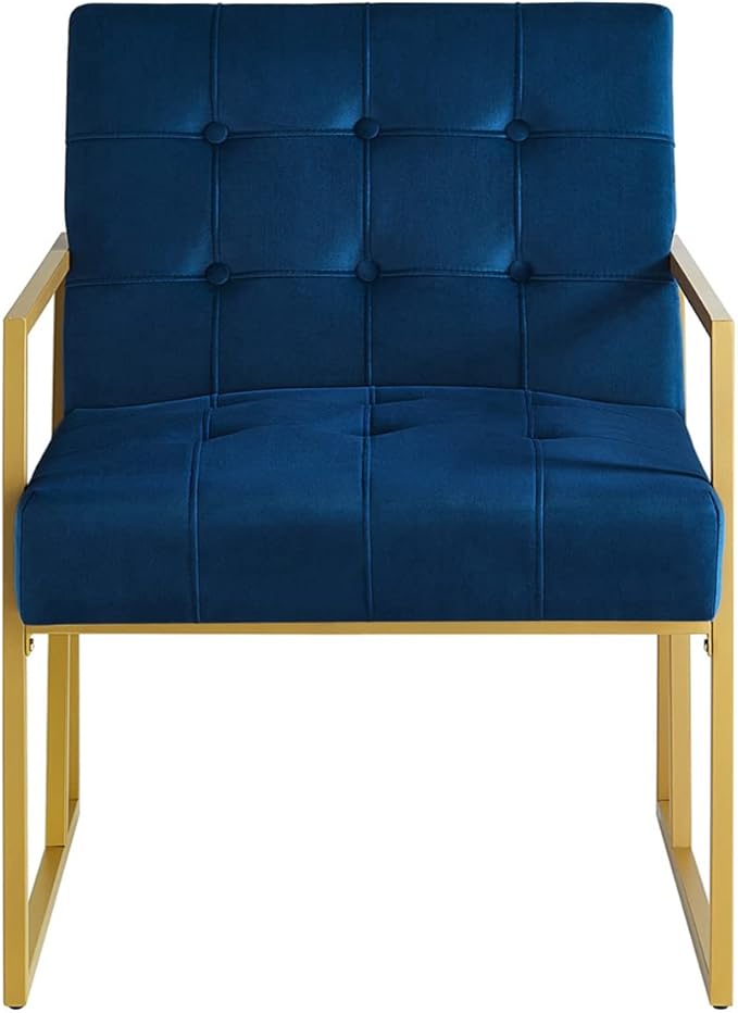 24KF Modern Navy Velvet Button Tufted Accent Chair with Golden Metal Stand, Decorative Furniture Chairs for Living Room Bedroom - Navy - LeafyLoom