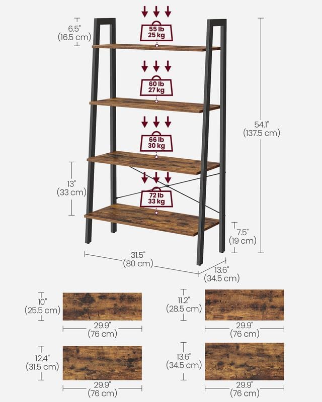 VASAGLE Ladder Shelf, 4-Tier Bookshelf, Storage Rack, Bookcase with Steel Frame, for Living Room, Home Office, Kitchen, Bedroom, Industrial Style, Rustic Brown and Black ULLS144B01 - LeafyLoom