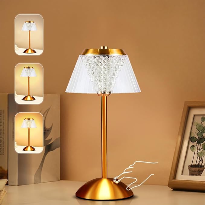 Portable Crystal Table Lamp,Cordless Metal Vintage Desk Lamp,3 Color Touch Control Rechargeable Lamp,3-Levels Brightness Room Decor Desk Lamp,Living Room,Kitchen,Dining Room Lamp (Gold) - LeafyLoom