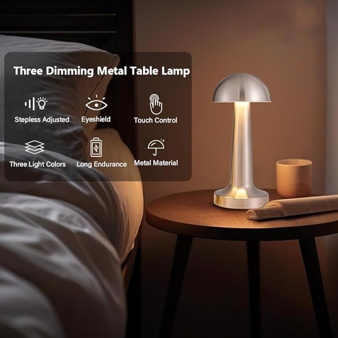 Portable LED Table Lamp, 3-Levels Brightness Metal Desk Lamp, 3 Color Touch Control Rechargeable Lamp, Night Light, Bedside Lamp,Dining Room Lamp (Silver) - LeafyLoom