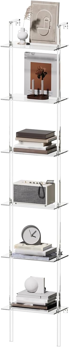 Small Acrylic Ladder Bookshelf, 9.5" D x 15.6" W, 6-Tier Clear Wall Mounted Book Shelf for Small Spaces, Multipurpose Bookcase for Living Room, Bathroom, Office, Modern, 86" H - LeafyLoom