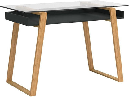 bonVIVO Massimo Small Desk - 43 Inch, Modern Computer Desk for Small Spaces, Living Room, Office and Bedroom - Study Table w/Glass Top and Shelf Space - Black - LeafyLoom