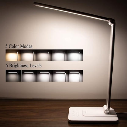 LED Desk Lamp, Stepless Dimmable Eye-Caring Lamps with Night Light USB Charging Port 5 Color Modes and 5 Brightness Levels, 30 min Auto Timer, Adjustable Lamps for Home Office Bedroom, White - LeafyLoom