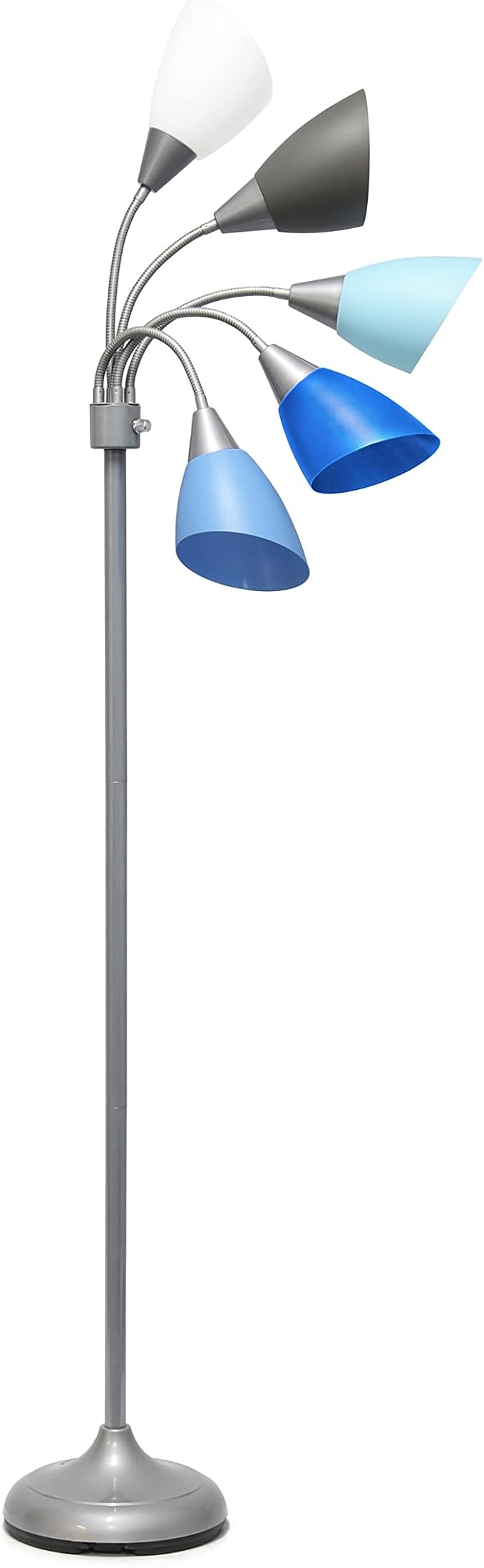 Simple Designs LF2006-SBG 67" Contemporary Multi Head Medusa 5 Light Adjustable Gooseneck Silver Floor Lamp with Blue, White, Gray Shades for Kids Bedroom Playroom Living Room Office - LeafyLoom