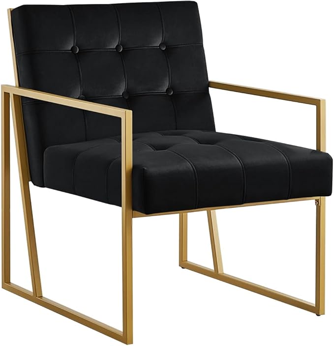 24KF Modern Black Velvet Button Tufted Accent Chair with Golden Metal Stand, Decorative Furniture Chairs for Living Room Bedroom - Black - LeafyLoom