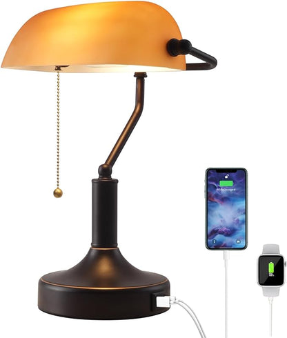 Vintage Bankers Desk Lamp with Pull Chain Switch, Traditional Desk Lamp with USB A and Type C Charging Port, Oil Rubbed Bronze Table Lamp with Amber Glass Shade for Office, Library, Study Room - LeafyLoom