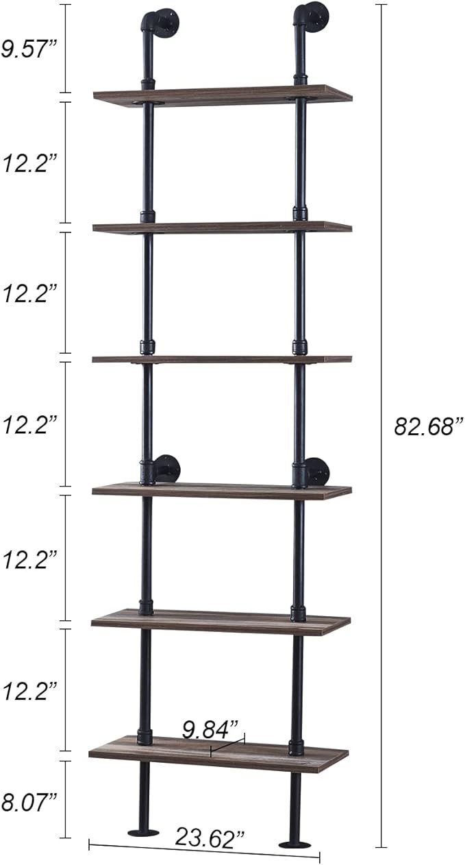 HOMBAZAAR Industrial Bookshelf, 6-Tier Industrial Pipe Bookshelf, Wall Mounted Ladder Shelves with Metal Frame for Home Office, Living Room, Oak Brown - LeafyLoom