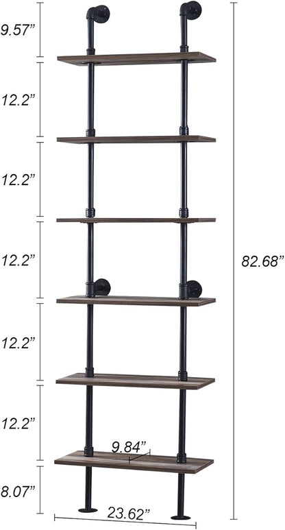 HOMBAZAAR Industrial Bookshelf, 6-Tier Industrial Pipe Bookshelf, Wall Mounted Ladder Shelves with Metal Frame for Home Office, Living Room, Oak Brown - LeafyLoom