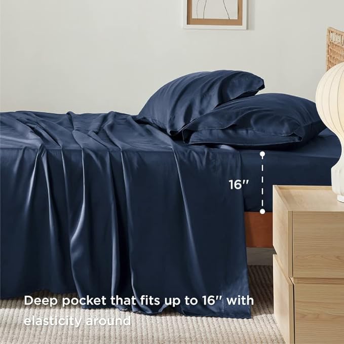 Bedsure Full Size Sheets, Cooling Sheets Full, Rayon Derived from Bamboo, Deep Pocket Up to 16", Breathable & Soft Bed Sheets, Hotel Luxury Silky Bedding Sheets & Pillowcases, Navy - LeafyLoom